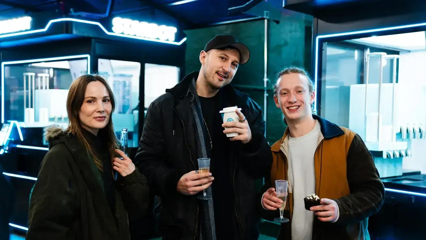 Guests with STARBOT coffee at the London launch