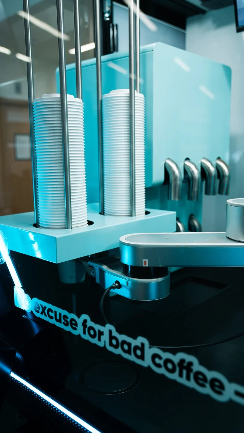 The robotic arm inside the STARBOT kiosk placing a cup