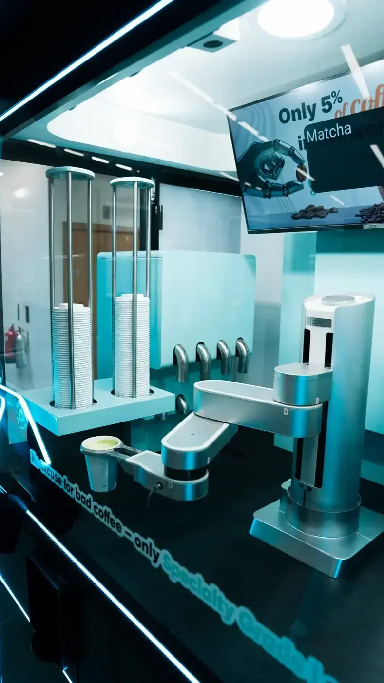 The interior mechanism of the STARBOT kiosk with cups and hoppers