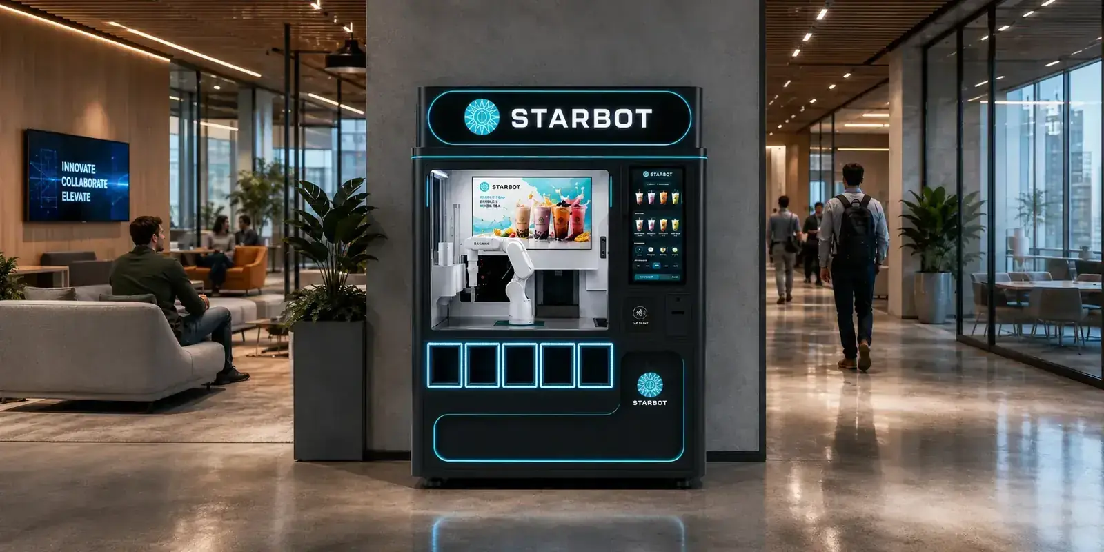Concept render: the bubble tea unit in an office lounge, people seated nearby