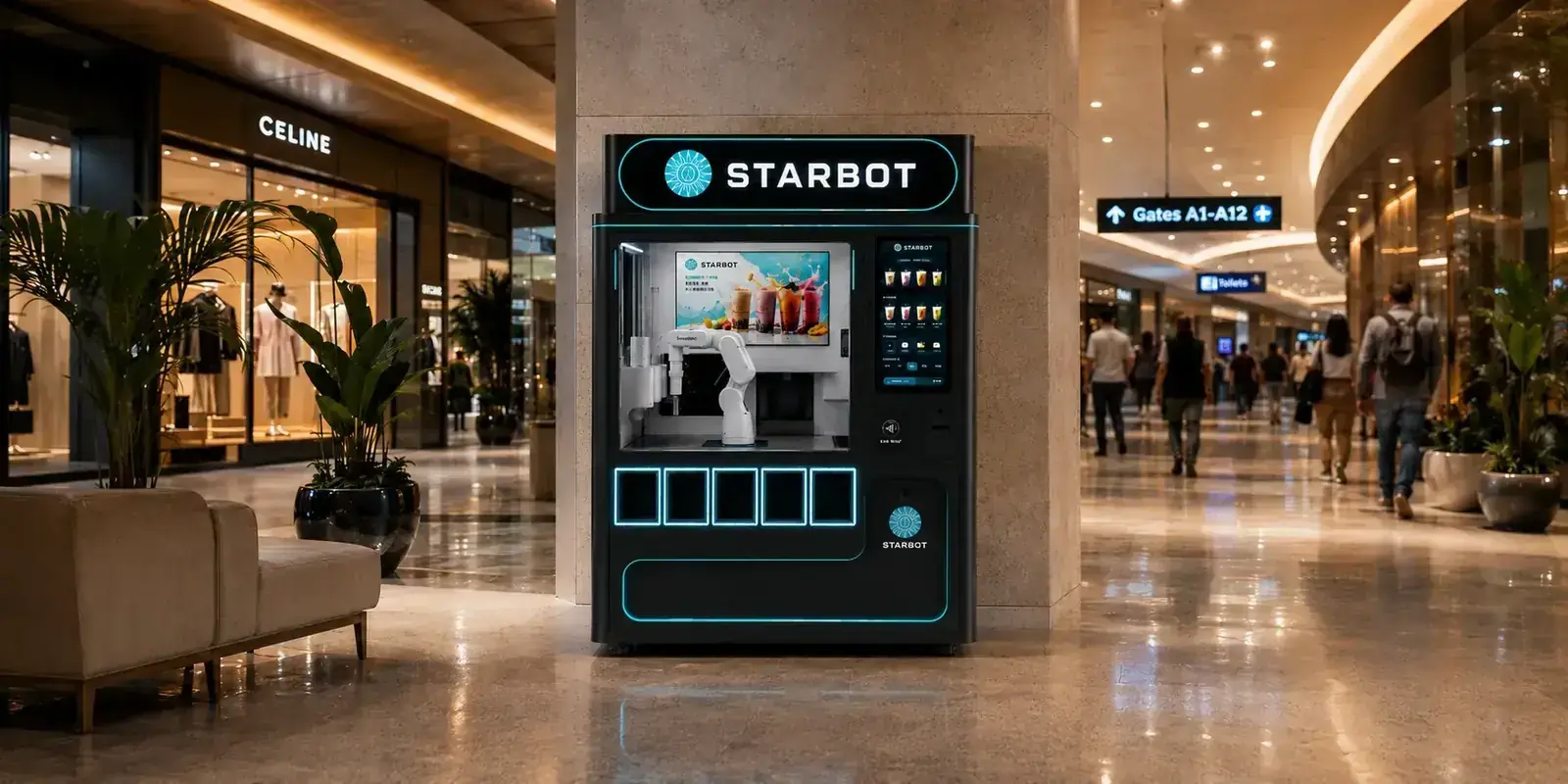 Concept render: the bubble tea unit on a shopping-centre concourse in the evening