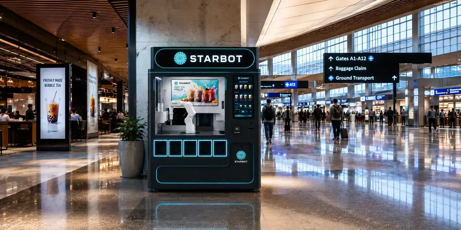 Concept render: the bubble tea unit on an airport terminal concourse, travellers walking past