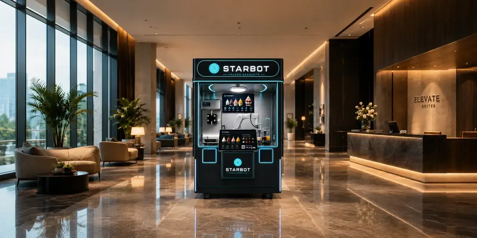 Concept render: the frozen desserts unit in a hotel lobby beside the reception desk