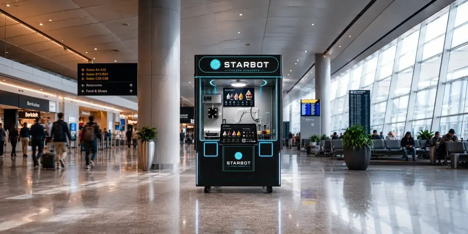 Concept render: the frozen desserts unit on an airport terminal concourse