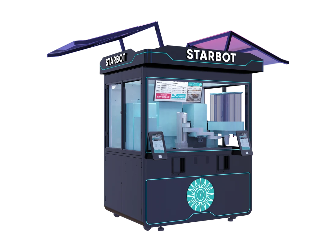 Render of the indoor Starbot kiosk with the angled fin canopy and twin order screens