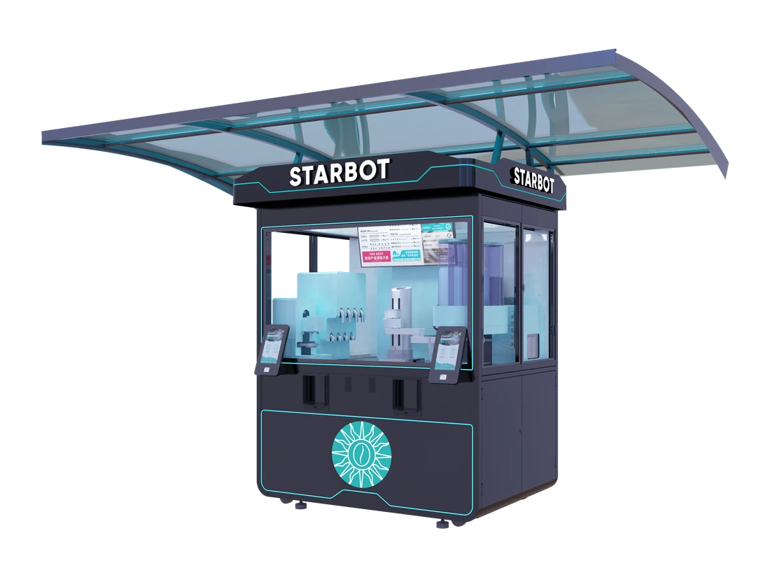 Render of the outdoor Starbot kiosk with the curved glass weather canopy